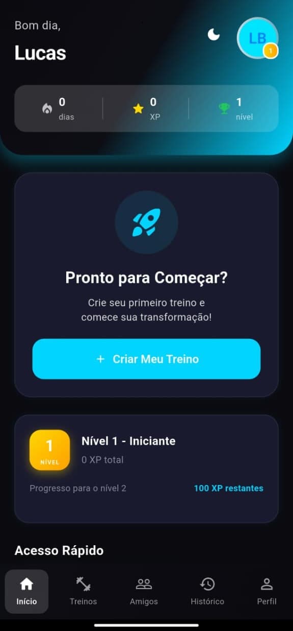 Tela inicial com XP e nível