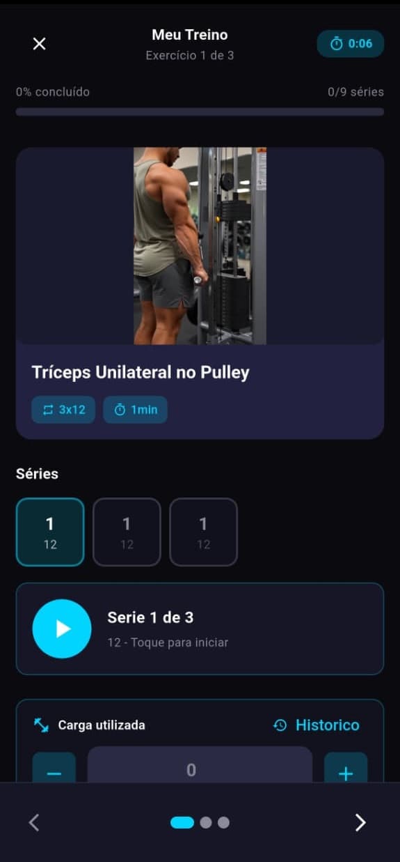 Execução de treino com exercício